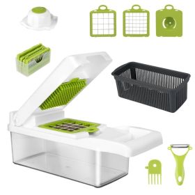 1Set 12 In 1 Vegetable Chopper With Container Kitchen Food Slicer Dicer Grater Peeler Egg Separator Hand Protector For Onion Salad Potato (Option: Green White)