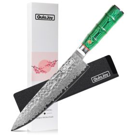 Qulajoy Japanese Chef Knife 8 Inch,67 Layers Damascus VG-10 Steel Core,Professional Hammered Kitchen Knife,Handcrafted With Ergonomic Bamboo Shap (Option: Green)