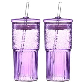 20 Oz 2-pack Purple Glass Straw Cup With Vertical Pattern Cup And Lid, High Borosilicate Heat-resistant Glass Cup For Juice, Milk And Cold Drinks (Option: Purple)